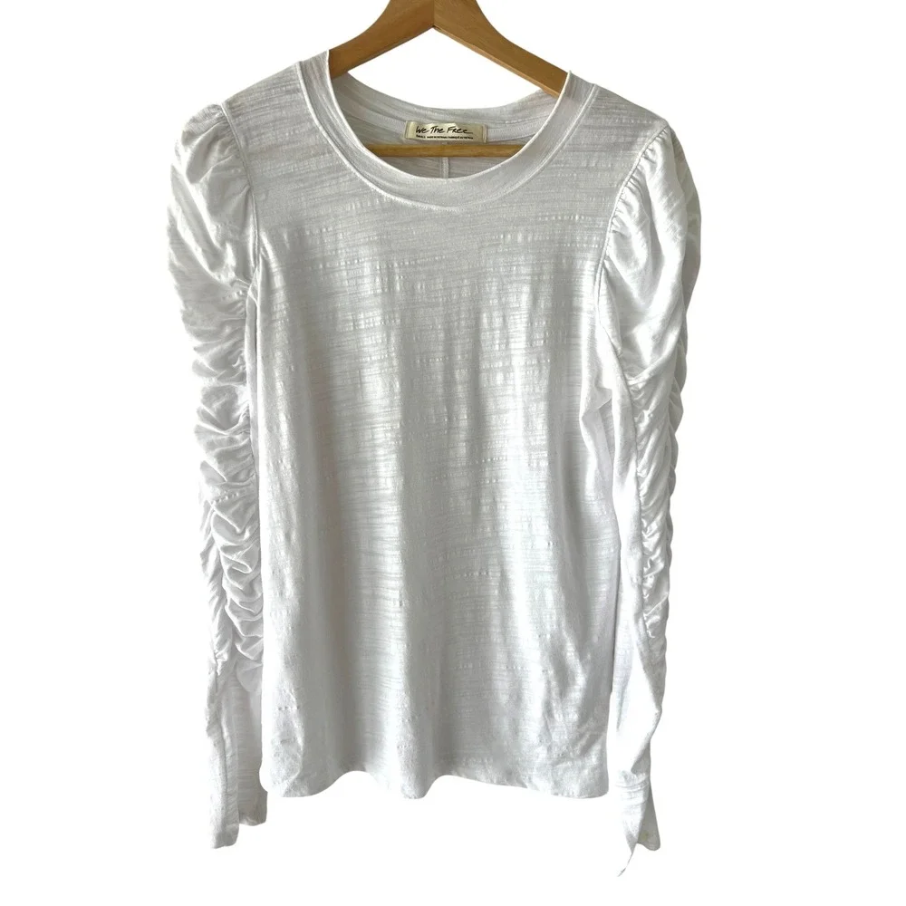 Free People We The Free Natasha White Ruched Puff Sleeve Textured Top Small Boho